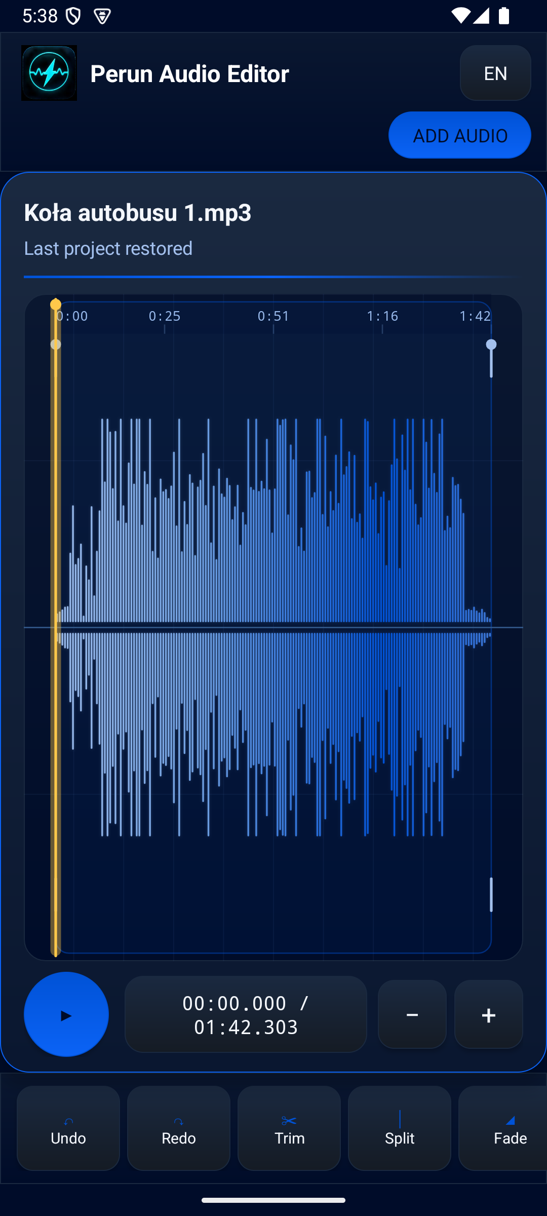 Perun Audio Editor main editor with waveform and controls
