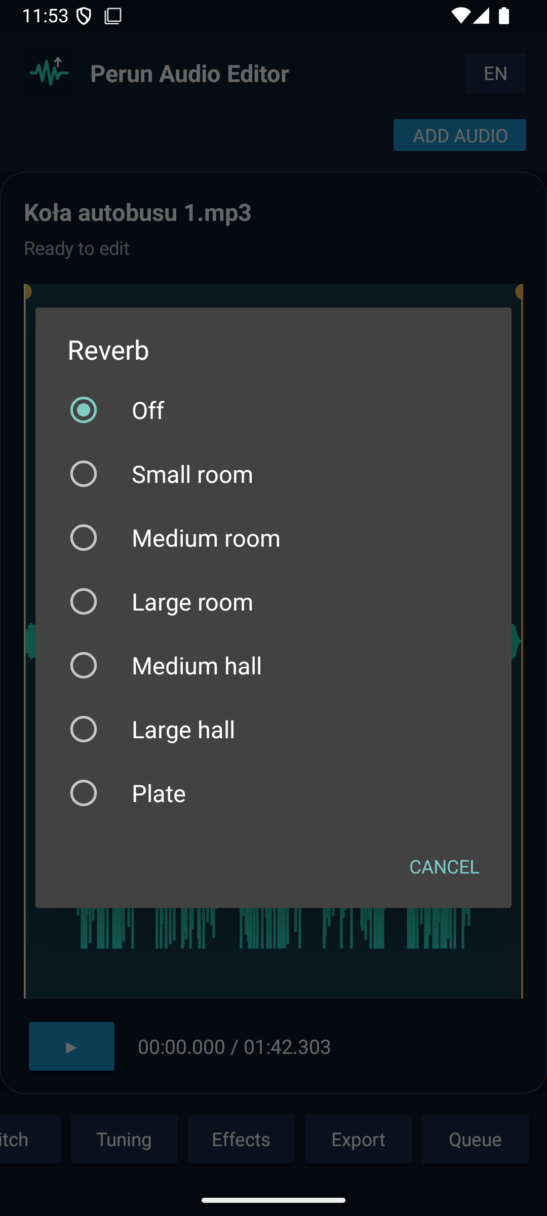 Perun Audio Editor reverb presets