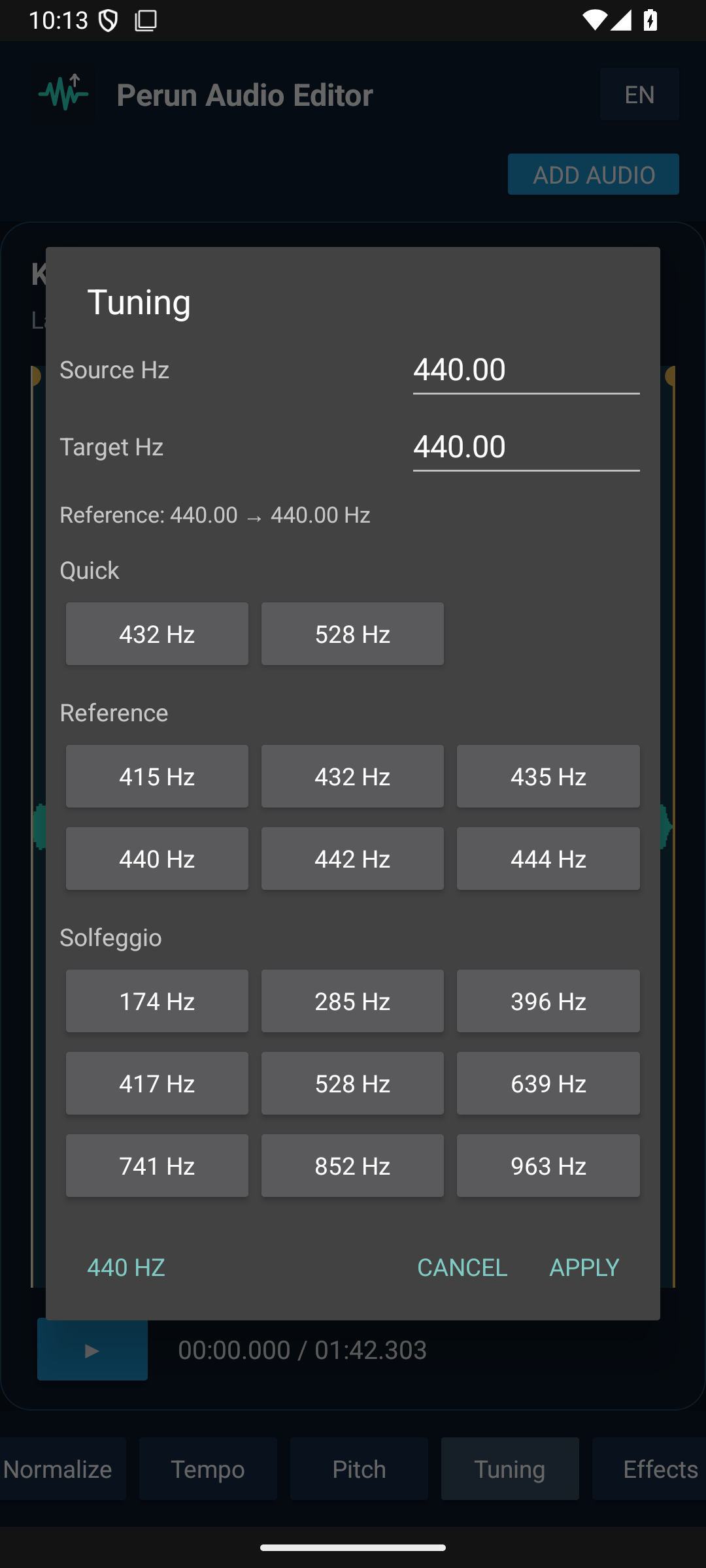 Perun Audio Editor tuning controls