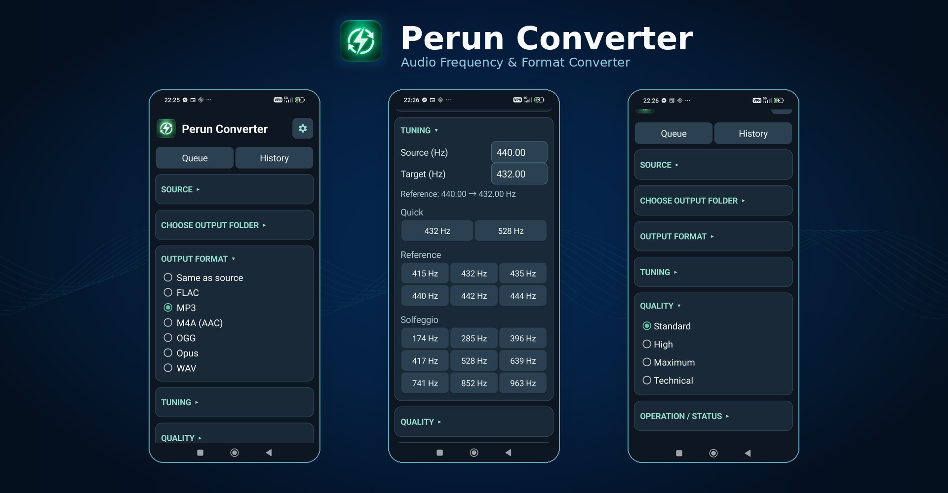 Perun Audio Converter — real app screens showing output formats, tuning and quality settings