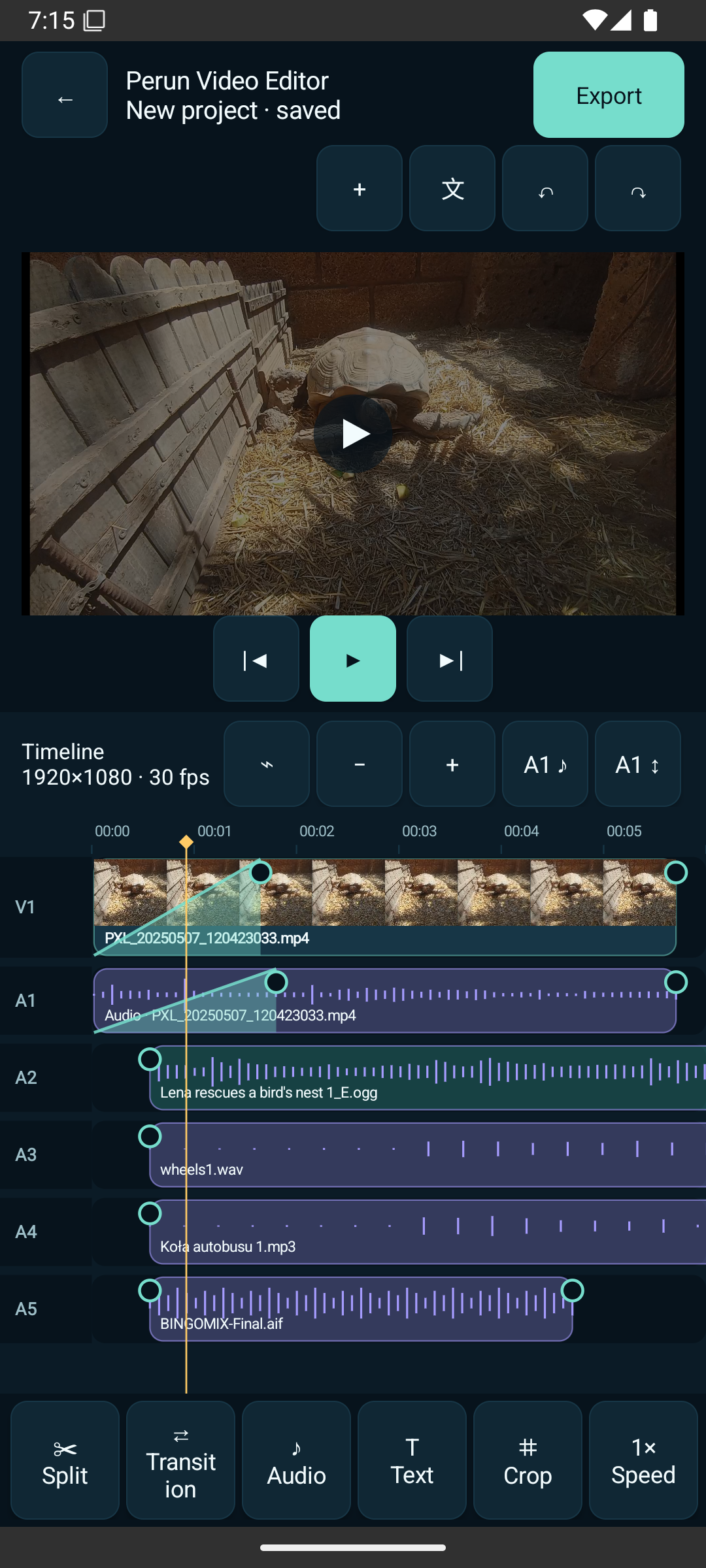 Perun Video Editor fade editing with real video visible in preview