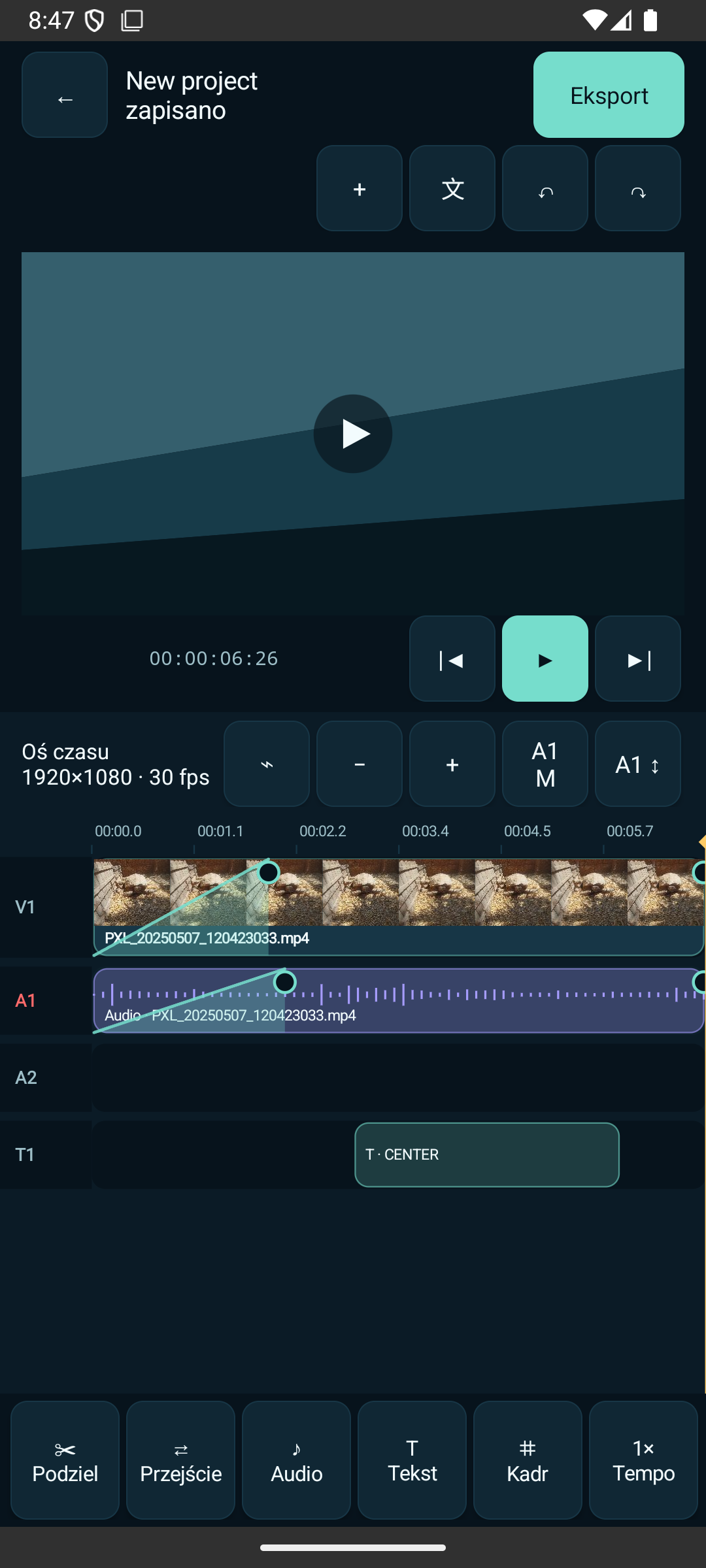 Perun Video Editor text overlay with real video visible in preview