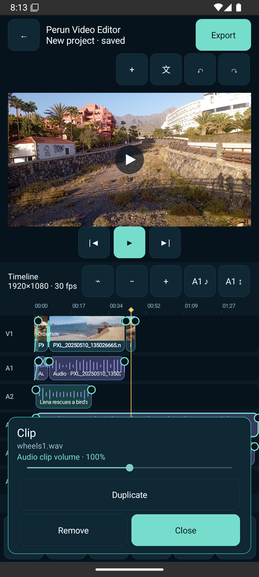 Perun Video Editor audio controls